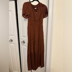 Anthropologie Silk Brown Dress. New With Tags. Too Small For Me. The Color Is Perfect For Fall And The Quality Is So Nice Chic Brown Viscose Dresses, Brown Maxi Length Casual Dress, Brown Maxi Dress For Casual Wear, Fitted Brown Maxi Dress With Short Sleeves, Brown V-neck Casual Dresses, Casual Long Brown Dress, Brown Fitted Maxi Sundress, Casual Brown Viscose Dress, Fitted Brown Sundress Maxi Dress