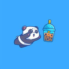 a cartoon panda bear with a drink in it's hand and another animal on the other side