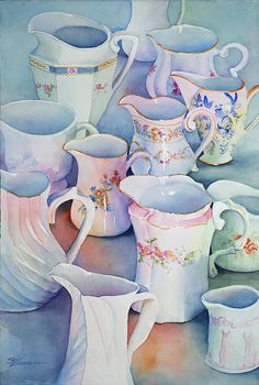 a painting of various pitchers and cups on a table