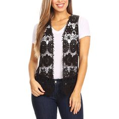 Add a touch of beauty and femininity to your wardrobe with the Anna-Kaci Women's Floral Crochet Open Front Vest. This stunning vest cardigan features delicate crochet lace trim, a sleeveless design, and an open front, offering versatility to layer over tops, dresses, or swimsuits for a stylish and effortless look, whether you're running errands or hitting the beach. Open Front Vest, Vest Cardigan, Delicate Crochet, Crochet Lace Trim, Floral Crochet, Chiffon Long Sleeve, Cardigan Vest, Wrap Blouse, Shop Blouses