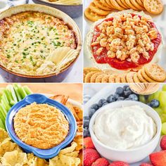 four pictures with different types of appetizers and dips