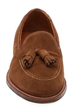 Handcrafted in New England of richly grained suede, this tasseled loafer boasting a tempered steel shank beneath the foot arch brings comfort to each step. Cushioned insole Leather upper, lining and sole Made in the USA Designer Shoes Brown Suede Moccasins With Tassels, Brown Suede Tassel Loafers With Almond Toe, Brown Suede Tassel Loafers With Rubber Sole, Brown Suede Tassel Loafers For Work, Classic Suede Moccasins With Tassels, Suede Wingtip Tassel Loafers For Galas, Goodyear Welted Suede Tassel Loafers With Plain Toe, Brown Suede Moc Toe Tassel Loafers, Brown Suede Goodyear Welted Tassel Loafers