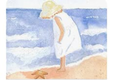 a painting of a girl on the beach looking out at the water and starfish