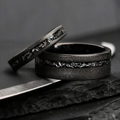 Sandblasted Black Meteorite Wedding Ring Set 2 Piece Engagement Rings, His And Her Rings, Iron Filings, Meteorite Wedding Rings, Meteorite Wedding Band, Gibeon Meteorite, Mushroom Ring, Rings Anniversary, Wood Wedding Band