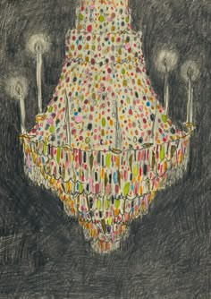 a drawing of a chandelier made with colored dots on black paper and pastel crayons