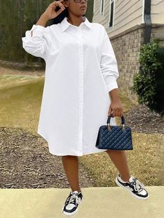 Plus Size Women's Solid Color Dropped Shoulder Long Sleeve Loose Casual Shirt Dress, Spring Summer Maxi Women Outfit White Casual  Long Sleeve Fabric Plain Shirt Non-Stretch  Women Plus Clothing, size features are:Bust: ,Length: ,Sleeve Length: Plus Size Outfit, Button Front Shirt Dress, Dress Spring, Summer Maxi, Plain Shirts, Women Maxi, Spring Summer Dress, Boho Women, Button Front Shirt