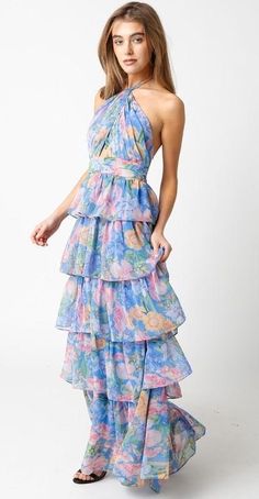 Floral print halter neck front keyhole open back ruffle dress! -Model is wearing a small Dressy Shirts, Maxi Dress Sale, Open Back Dress, Ribbed Mini Dress, Floral Print Maxi Dress, Floral Print Maxi, Halter Maxi Dresses, Formal Looks, Maxi Dress Blue