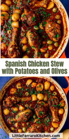 two pictures showing different types of stews with potatoes and olives