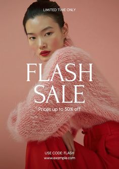 a woman wearing a pink sweater and red pants with the words flash sale on it