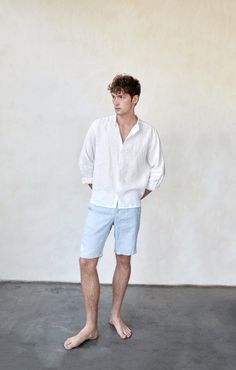 Linen shorts will be a great option for a work in the city or rest on the coast or in the forest. This white & blue melange shorts for men who appreciates sophistication and minimalism. Made of natural linen of the highest quality and flawlessly cut, this thing is suitable for the wardrobe in trendy "old money" style. Made of 100% natural linen, Oeko-Tex certified, free of harmful chemicals. It keeps the temperature of the body + -4 degrees, these clothes are not hot in summer and not cold in wi White Linen Shorts With Built-in Shorts, Casual Blue Linen Shorts, White Linen Bermuda Knee-length Shorts, White Linen Bermuda Shorts With Pockets, White Linen Bermuda Shorts, Linen Shorts Men, Blue Linen Shorts, Short Blanc, Coastal Vibes