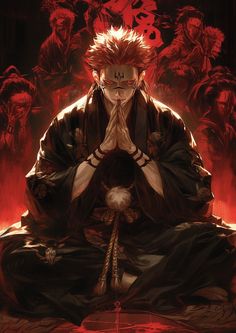 an anime character sitting on the ground with his hands clasped in front of his face