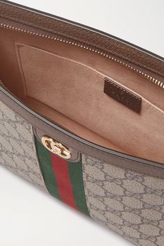 Brown Ophidia textured leather-trimmed printed coated-canvas pouch | GUCCI | NET-A-PORTER Designer Clutch Pouch With Gold-tone Hardware, Designer Monogram Canvas Rectangular Pouch, Luxury Pouch Bag With Leather Trim, Luxury Rectangular Pouch With Removable Case, Luxury Monogram Canvas Pouch, Gucci Dress, Gucci Ophidia, Brown Texture, Print Coat