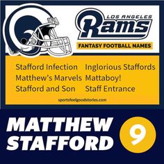 Matthew Stafford Fantasy Football Team Names: Funny, Creative, and Clever Fantasy Football Team Names, Team Names Funny, Fantasy Football Names, Football Team Names, Matthew Stafford, Fantasy Football League, Creative Names, World Of Fantasy, Los Angeles Rams