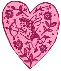 a pink heart with an image of a cupid angel holding a bow and arrow