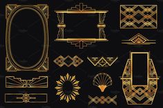 golden art deco frames and dividers on a black background with gold trimmings