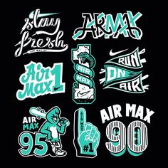 various stickers and decals on a black background with the words air max 90