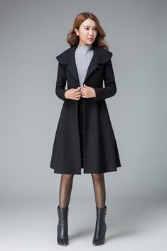 black winter coat , plus size coat , wool coat, lapel coat, short coat – xiaolizi Winter Solid Color Pea Coat With Lapel Collar, Winter Wool Coat For Office, Elegant Long Wool Coat Solid Color, Elegant Long Wool Coat In Solid Color, Elegant Double-breasted Wool Coat, Winter Sweater Coat With Lapel Collar, Elegant Fitted Sweater Coat With Shawl Collar, Winter Office Pea Coat In Solid Color, Chic Notch Lapel Sweater Coat For Winter