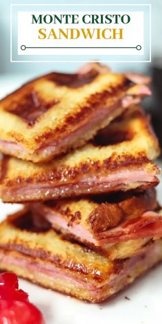 stack of waffle sandwich showing ham Mini Sandwich Maker Recipes, Monte Cristo Recipe, Sandwich Maker Recipes, Monte Cristo Sandwich, Ham Sandwich