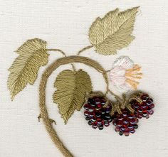 a close up of a piece of cloth with leaves and berries embroidered on it,