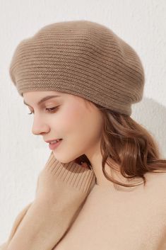 Fibflx Women's Knitted 100 Cashmere French Beret Women's Hats Beige Fall Hats One Size, Beige One Size Fall Hat, Classic Winter Beret, Classic Spring Beret With Curved Brim, Casual Beige Beret For Fall, Classic Winter Beret One Size, Trendy Brimmed Beret For Fall, Classic Beige Flat Cap Beret, Trendy Fall Beret Cap