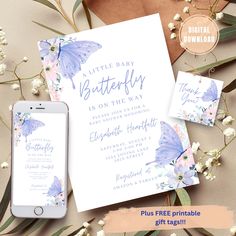 a phone and some cards with flowers on them next to a card that says, little baby butterfly is on the way