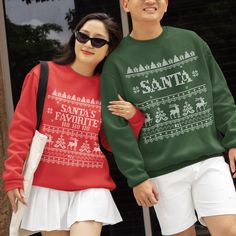 🎅 Santa & Santa's Favorite Embroidered-Look Sweatshirts (Couple's Set) 🎅 Celebrate the holidays in style with this fun and festive couple's sweatshirt set! These matching sweatshirts feature a charming faux-embroidered design--one reads "Santa" and the other "Santa's Favorite Ho Ho Ho", perfect for cozying up together this holiday season. Decorated with playful details like reindeer, Christmas trees, candy canes, and presents, these sweatshirts capture all the joy and cheer of the season. ✨ Pe Christmas Sweatshirts For Couples, Matching Sweaters For Couples Christmas, Matching Christmas Jumpers Couples, Christmas Cotton Long Sleeve Sweater, Christmas Long Sleeve Sweater With Letter Print, Christmas Sweater With Letter Print And Long Sleeves, Casual Christmas Hoodie With Crew Neck, Casual Holiday Hoodie With Crew Neck, Casual Crew Neck Hoodie For Holiday