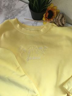 Super soft and bright pigment yellow crewneck sweatshirt embroidered with Jesus flowers Jesus Flowers, Yellow Crewneck, Embroidered Crewneck, Crewneck Sweatshirt, Sweat Shirt, Gender Neutral, Crew Neck Sweatshirt, Adult Outfits, Jesus