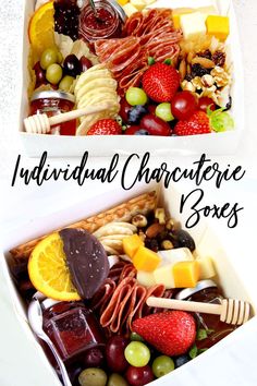 two boxes filled with assorted fruit and cheeses next to the words individual charcuterie boxes