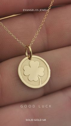 Hundreds of years ago in Ireland, the four-leaf clover became a symbol of luck with the four leaves representing faith, hope, love, and success. Good Luck Pendant Jewelry Stamped 14k, 14k Gold Engraved Necklace For Good Luck, 14k Gold Round Necklaces With Charms, Good Luck 14k Stamped Pendant Jewelry, Good Luck Engraved 14k Gold Necklace, 14k Gold Round Pendant Charm Necklace For Good Luck, Classic Yellow Gold Necklaces For Good Luck, Gold 14k Hallmarked Charm Necklaces, 14k Gold Charm Necklace With Hallmark