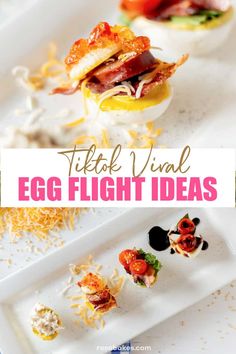 an egg flight with cheese and other appetizers in it on a white plate