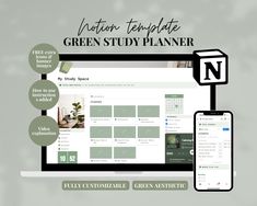 the green study planner is displayed next to an iphone and laptop screen with text on it