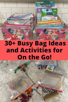 several bags with the words 30 + busy bag ideas and activities for on the go