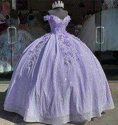 Lilac Quinceanera Dresses 3D Flower Off Shoulder Sweet 15 Party Prom Ball Gown. "This pin contains affiliate links, which means I may earn a commission at no cost to you extra for you". 
#affiliate #advertising" Lilac Quince, Lilac Ball Gown, Quinceñera Ideas, Lavender Quinceanera Dresses, Dress Pins, Purple Quinceanera, Purple Ball Gown, Quince Stuff, Purple Quince