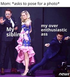 a woman in a pink dress standing next to a man wearing a suit and tie with the caption mom asks to pose for a photo