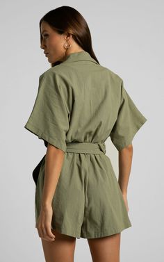 Thaisa Playsuit - Short Sleeve Collared Belted Playsuit in Khaki | Showpo USA Short Sleeve Khaki Jumpsuits And Rompers With Pockets, Khaki Short Sleeve Jumpsuits And Rompers With Pockets, Khaki Short Sleeve Jumpsuit With Pockets, Green Short Sleeve Jumpsuit With Pockets, Casual Olive Jumpsuits And Rompers For Spring, Green Short Sleeve Jumpsuits And Rompers, Spring Khaki Short Sleeve Jumpsuits And Rompers, Chic Linen Jumpsuits And Rompers With Short Sleeves, Spring Khaki Jumpsuits And Rompers Relaxed Fit