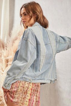 A casual denim jacket with a unique twist to it. There are raw, distressed hemlines throughout the jacket, adding texture to the look. It can be styled closed or opened and is medium weight. Model is 5'10" and wearing her true size Small. Small: Bust 22", Length 25" 80% Cotton, 10% Polyester, 10% Viscose Casual Denim Jacket, Denim Jumpsuit, Casual Denim, Bottom Clothes, Cardigan Tops, Small Bust, Skirt Pants, Medium Blue, Medium Weight