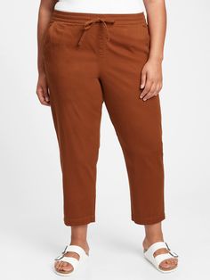 Easy Straight Pull-On Pants With Washwell™ | Gap Factory Cotton Pants With Tie Waist And Tapered Leg, Cotton Tapered Leg Pants With Tie Waist, Casual Brown Ankle-length Chinos, Casual Tie Waist Pants For Fall, Casual Fall Pants With Tie Waist, Casual Cargo Pants With Paperbag Waist For Work, Fall Chinos With Elastic Waistband And Tapered Leg, Casual Brown Paperbag Waist Pants, Casual Brown Paperbag Waist Bottoms