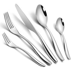 a set of silverware with spoons, knives and forks on a white background