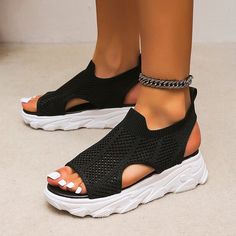 Women's Sandals Platform Sandals Outdoor Office Work Summer Platform Open Toe Casual Minimalism Walking Shoes Knit Loafer Solid Colored Black White Rosy Pink Running Sandals, Modern Sandals, Elegant Sandals, Stylish Sandals, Open Toe Shoes, Casual Heels, Unique Shoes, Sport Sandals, Cool Boots