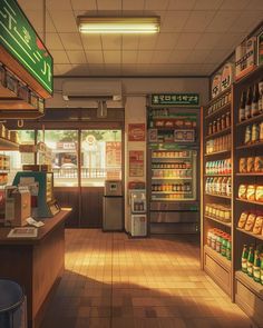 the interior of a grocery store with shelves full of food and drinks in front of it