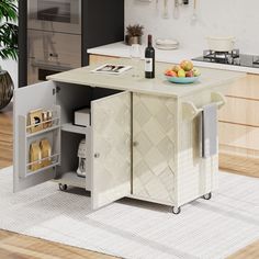 a kitchen island with wine bottle and fruit on it