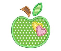 an apple applique with two hearts and a green leaf on the side,