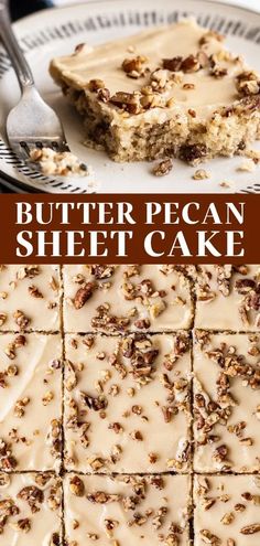 butter pecan sheet cake on a white plate