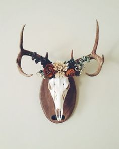 a deer skull with flowers on it's antlers is mounted on the wall