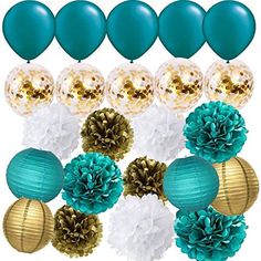 a bunch of balloons and some decorations on a white background with blue, gold and white balls