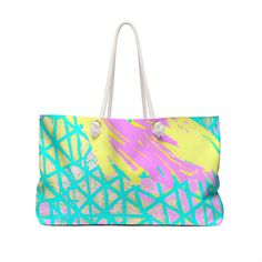 Weekender Tote Bag Cyan Blue Lime Green And Pink Pattern. Our large capacity tote shoulder bag is perfect for your weekend at the beach or in town. The wide-mouthed, durable bag holds a generous amount of personal items and is easily held by its thick rope handles. Perfect for work, school, casual wear, indoor/outdoor activities, social gatherings, or any occasion. 100% Spun Polyester T-bottom Size, 24"x 13"x 5.5" Weekender Tote Bag, Cyan Blue, Thick Rope, Social Gathering, Weekender Tote, Rope Handles, Lime Green, Shoulder Bag, Tote Bag