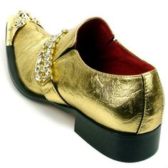 Men's Fiesso Gold Designer Rhinestones Pointed Metal Tip Shoes FI 7460 Metal Pointed Tip Red Bottoms Chain ornament in front with Rhinestones Cushioned insole Rose Gold Mens Dress Shoes, Gold Dress Shoes With Leather Sole For Party, Party Gold Dress Shoes With Leather Sole, Crocodile Boots, Dress Leather Boots, Men's Dress Shoes, Crocodile Shoes, Custom Design Shoes, Slip On Dress Shoes