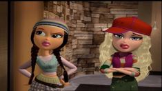 two cartoon girls standing next to each other in front of a brick wall and fireplace