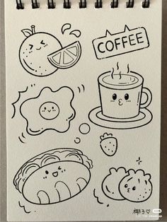 a drawing of coffee and breakfast items on a notepad with the words coffee written in chinese