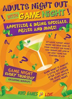 the flyer for an adult's night out with game night, appetizer and drink specials